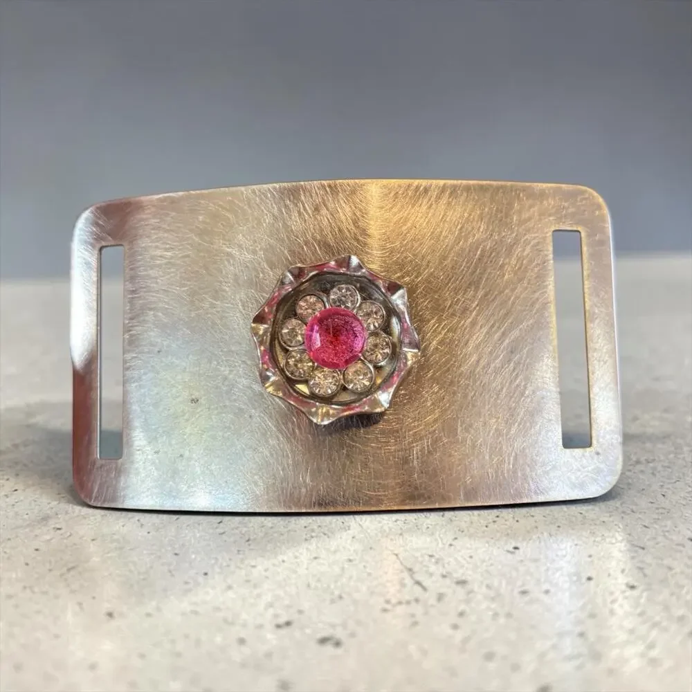 Mod Pink Rhinestone Flower Belt Buckle Silver Tone Statement 60s 70s
